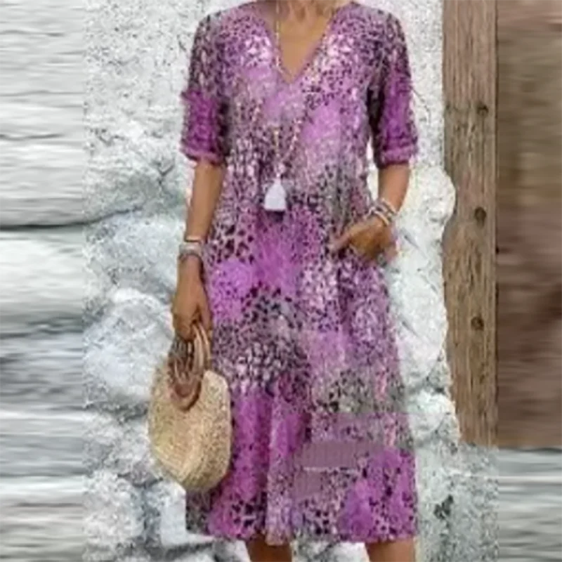 

Women New Printed Commute Pullover Dresses Casual Loose Beach Vacation Party Dresses Spring Elegant V Neck Pocket Maxi Dresses