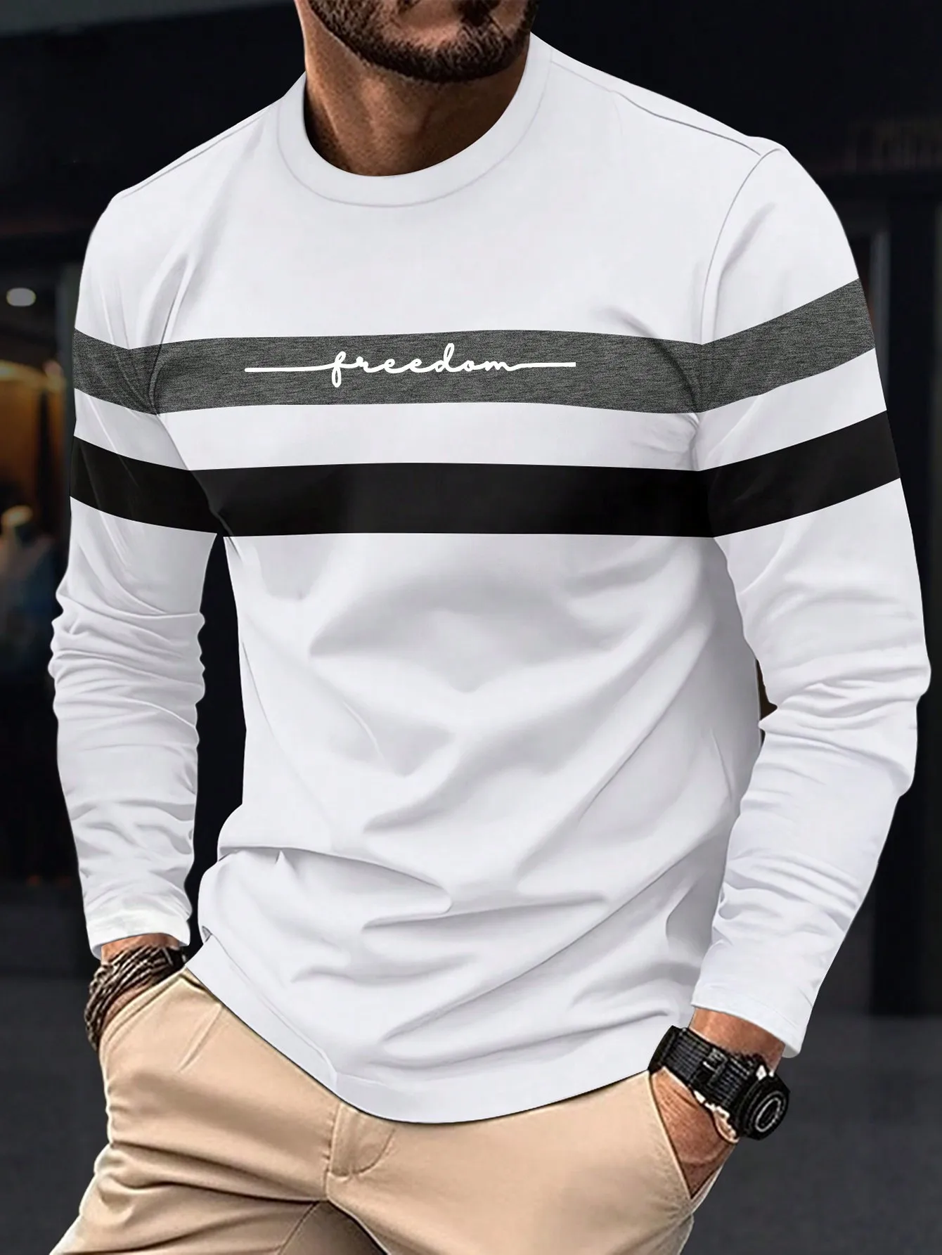 

Classic Stripe Printed Men's T-shirt Fashion Simple Style Casual Men's Clothing Spring Autumn Daily Basic Wear Trend Street Tops