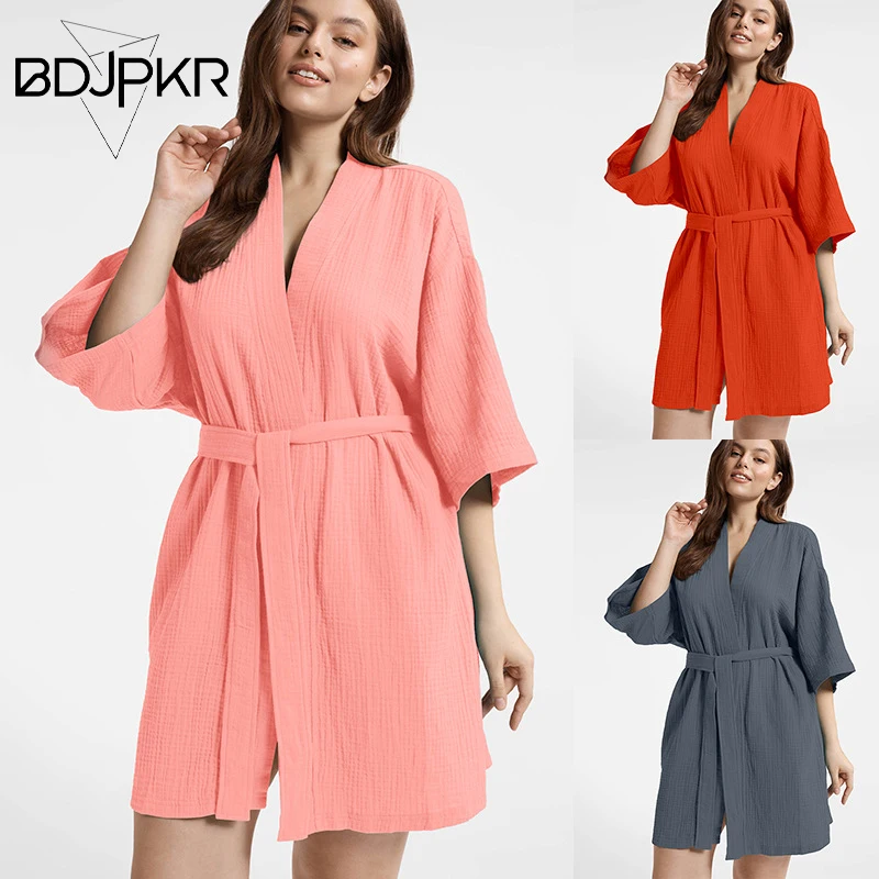 

Bathrobe, Short Sleeved, Double-Layer Wrinkled Fabric, Thickened 100% Cotton Sleepwear, Pure Cotton, High-End All Home Outerwear