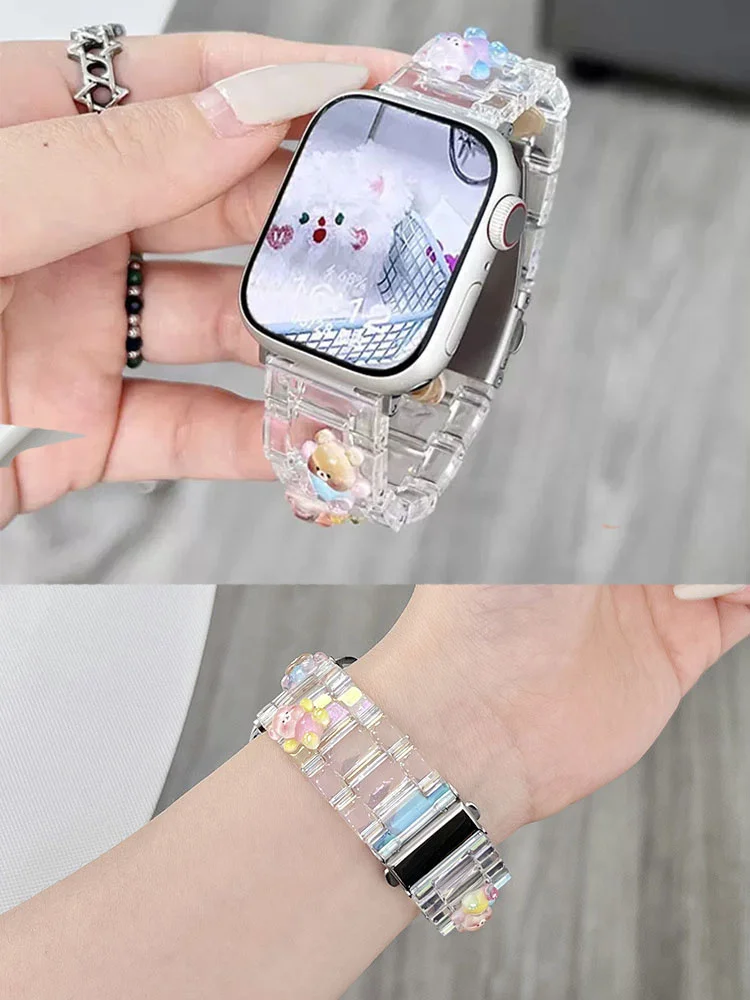 Cartoon Cute 3D Bear Band For Apple Watch Band Ultra2 49mm 45mm 44mm 41 42 38 40 Correa Clear Band For Iwatch Series 9 8 SE 7 6