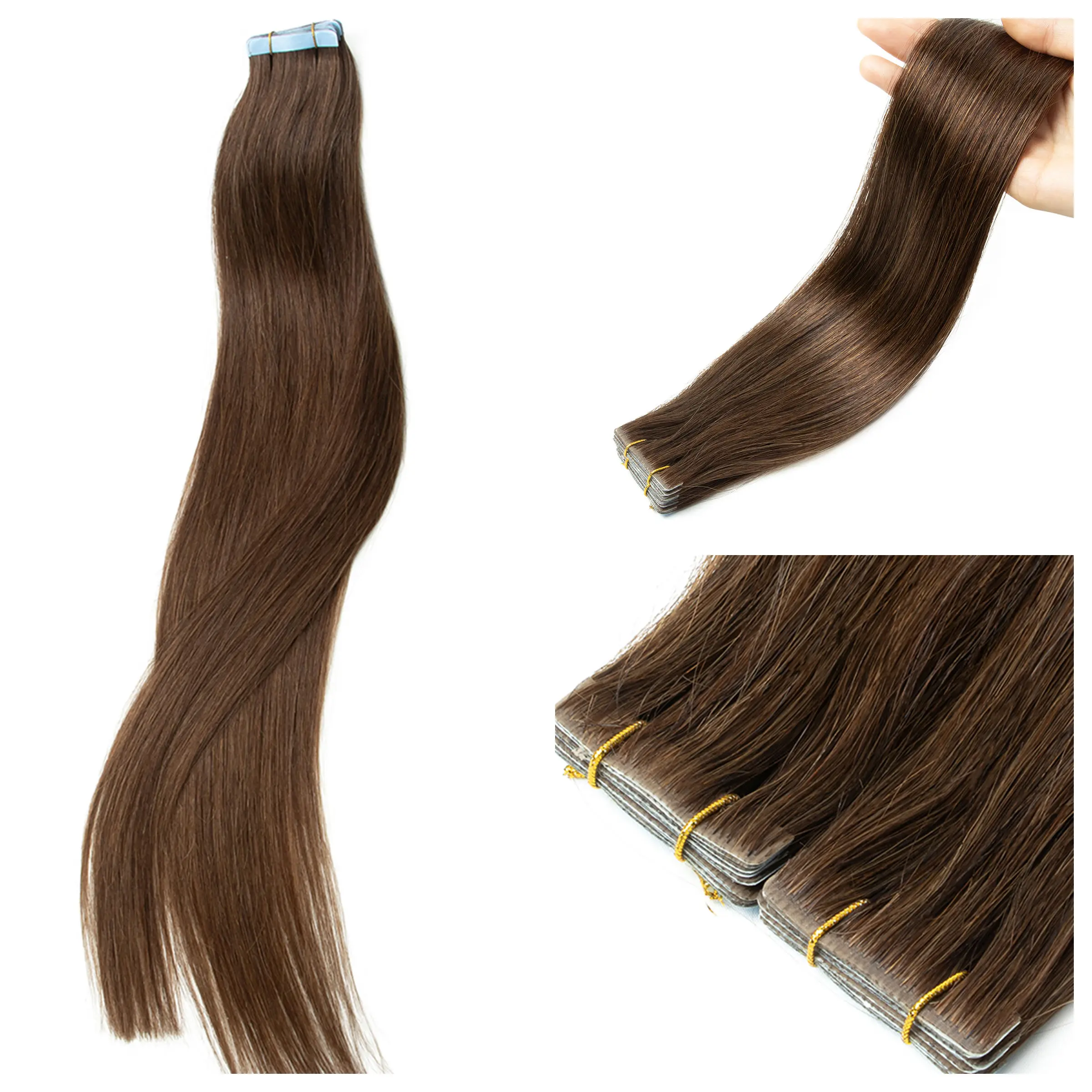 

Темно-коричневая невидимая лента для наращивания волос, человеческие волосы, бесшовные, из искусственной кожи, машина для наращивания волос, Remy, 10 шт./упак.