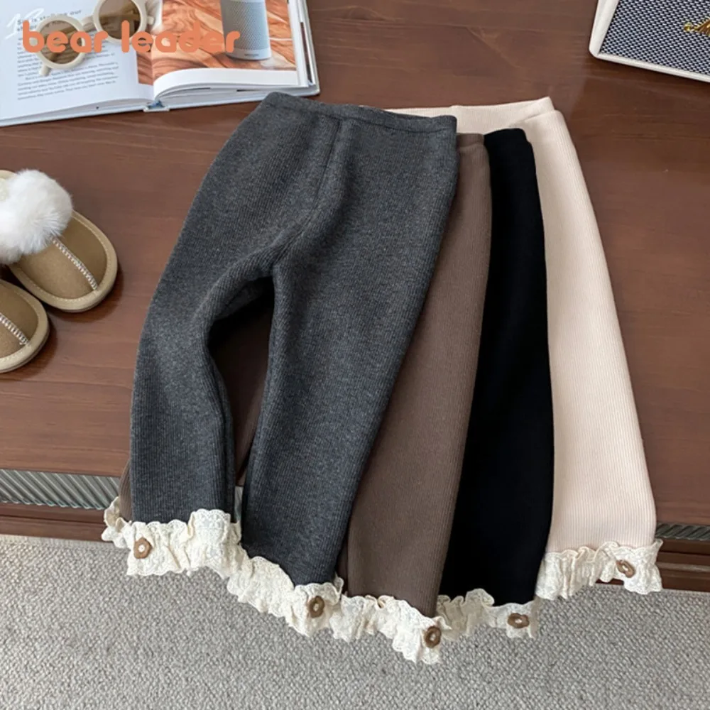 

Bear Leader Autumn and Winter New Children's Thick Leggings with Korean Version Lace Patchwork Solid Color Girls' Casual Pants