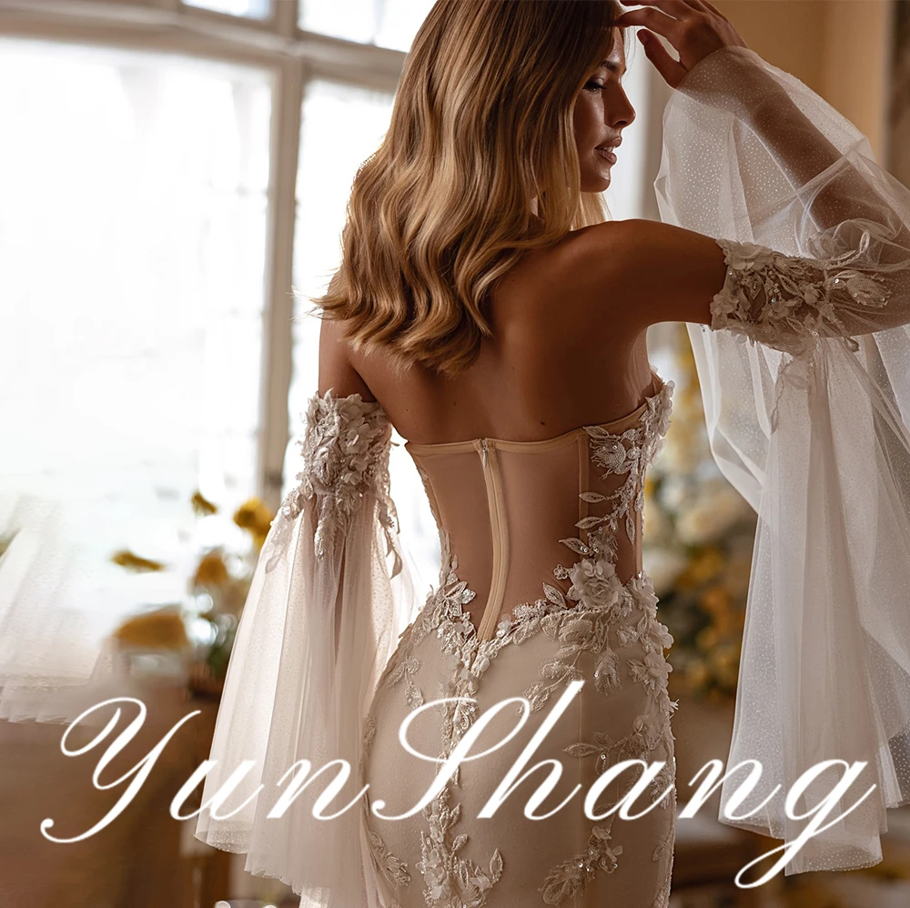 YunShang Customized Lace Mermaid Wedding Dress Bridal Gown Collection with Spaghetti Straps, Off-Shoulder, Open Back, Train