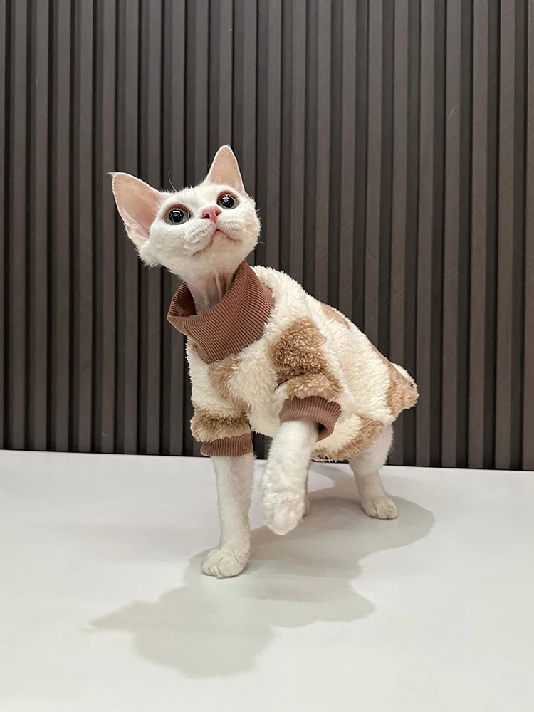 Cat Clothing Soft Winter Sweater for Sphynx Cat Warm Plush Loungewear for Kittens Cute Long Sleeves Coat Hat Suit for Devon Rex