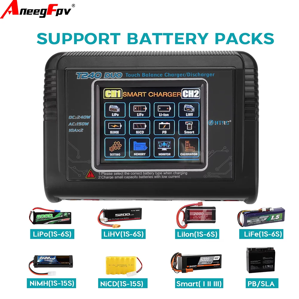 

Зарядное устройство HTRC T240 с двумя каналами, AC 150W DC 240W, для NiMH, NiCD, LiHV, NiCd, PB, Li-ion, Lipo аккумуляторов, с функцией балансировки заряда и разряда