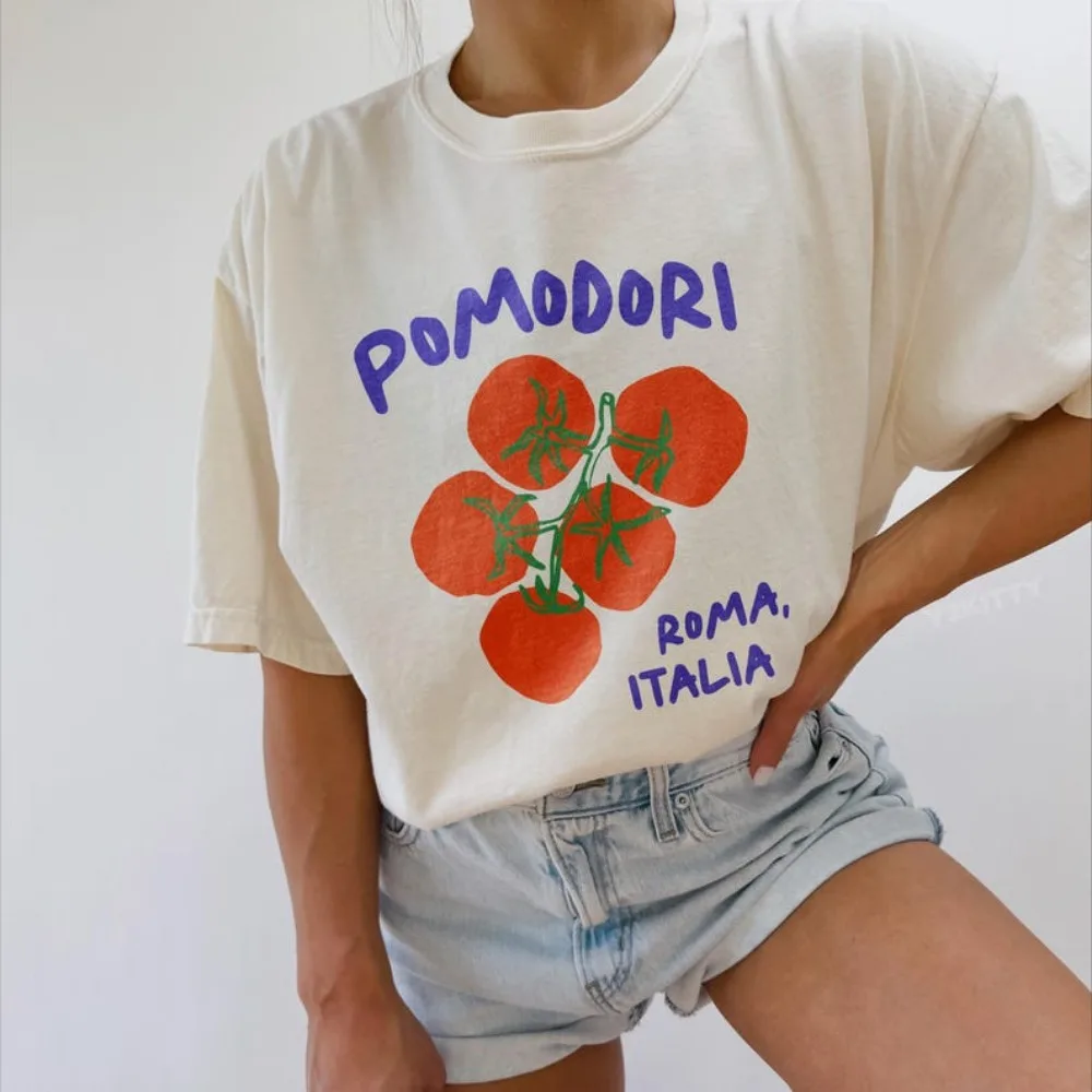 

Pomodori Tee Tomato Pattern Shirt Italian Summer Shirt Classical Roman Style Italian Upperwear Contemporary European Summer Tops