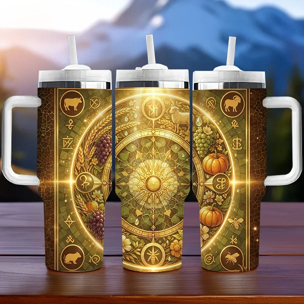 40oz Insulated Tumbler with Handle, Features Golden Harvest Zodiac Wheel Pattern, Ideal as Holiday or Birthday Gift, Keeps Drinks at Ideal Temperature, Suitable for Daily Use, Outdoor Travel and Outdoor Activities