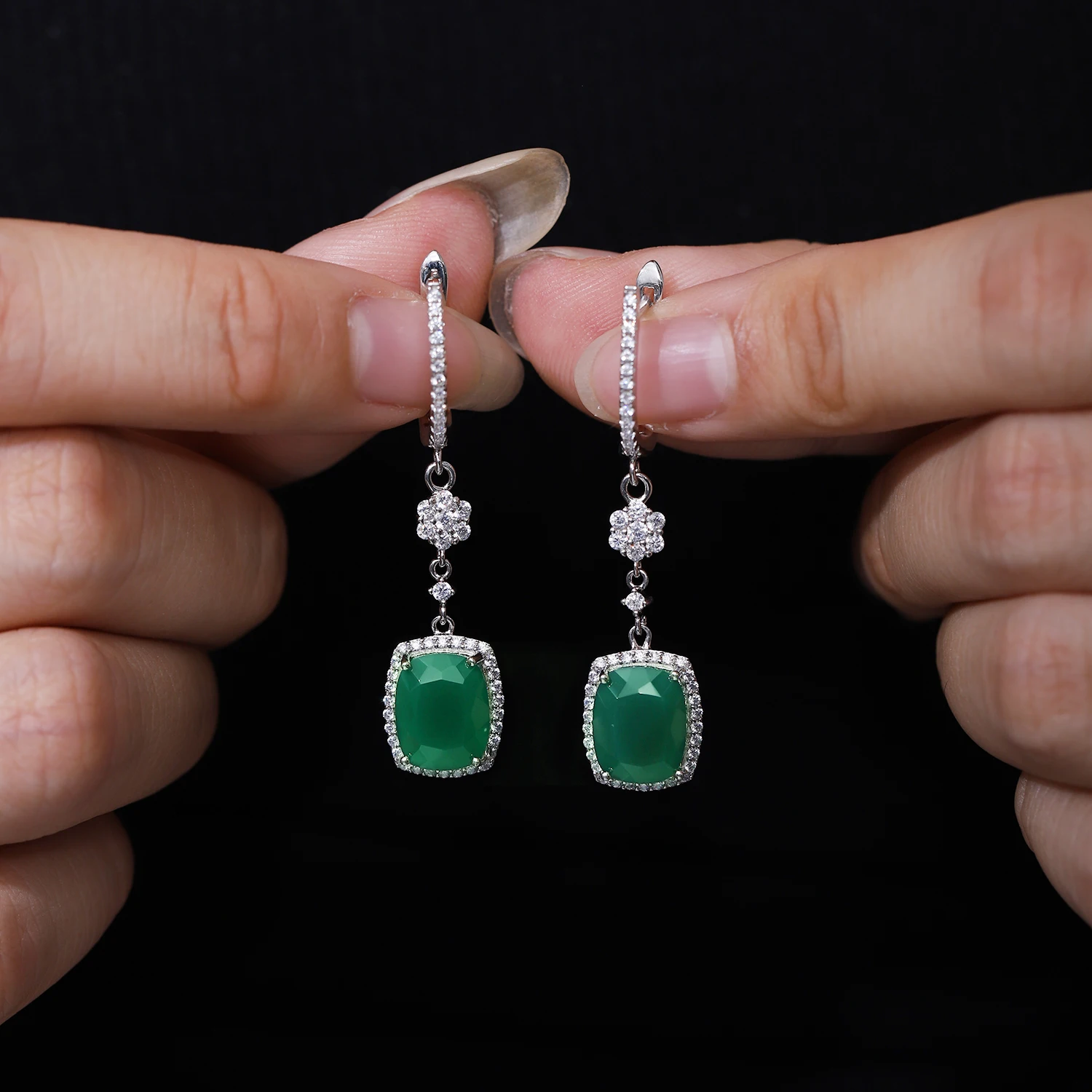 Gem\'s Ballet Natural Green Agate Earrings Solid 925 Sterling Silver 4.43ct Gorgeous Fine Jewelry Drop Earrings For Women