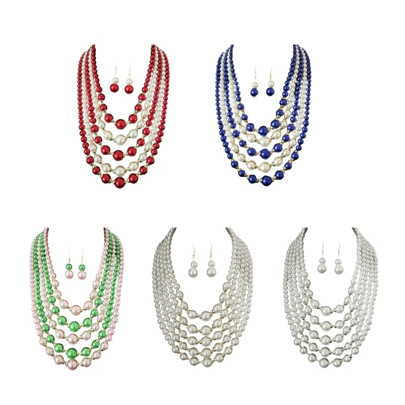Lightweight Imitation Pearls Layering Necklace Earring Combo Daily Elegant Accessory