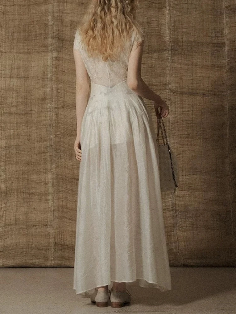 Sexy V Neck Embroidery Hollow Out Long Dress Women Sleeveless Patchwork Slim A-line Dresses Elegant Evening Party Gowns