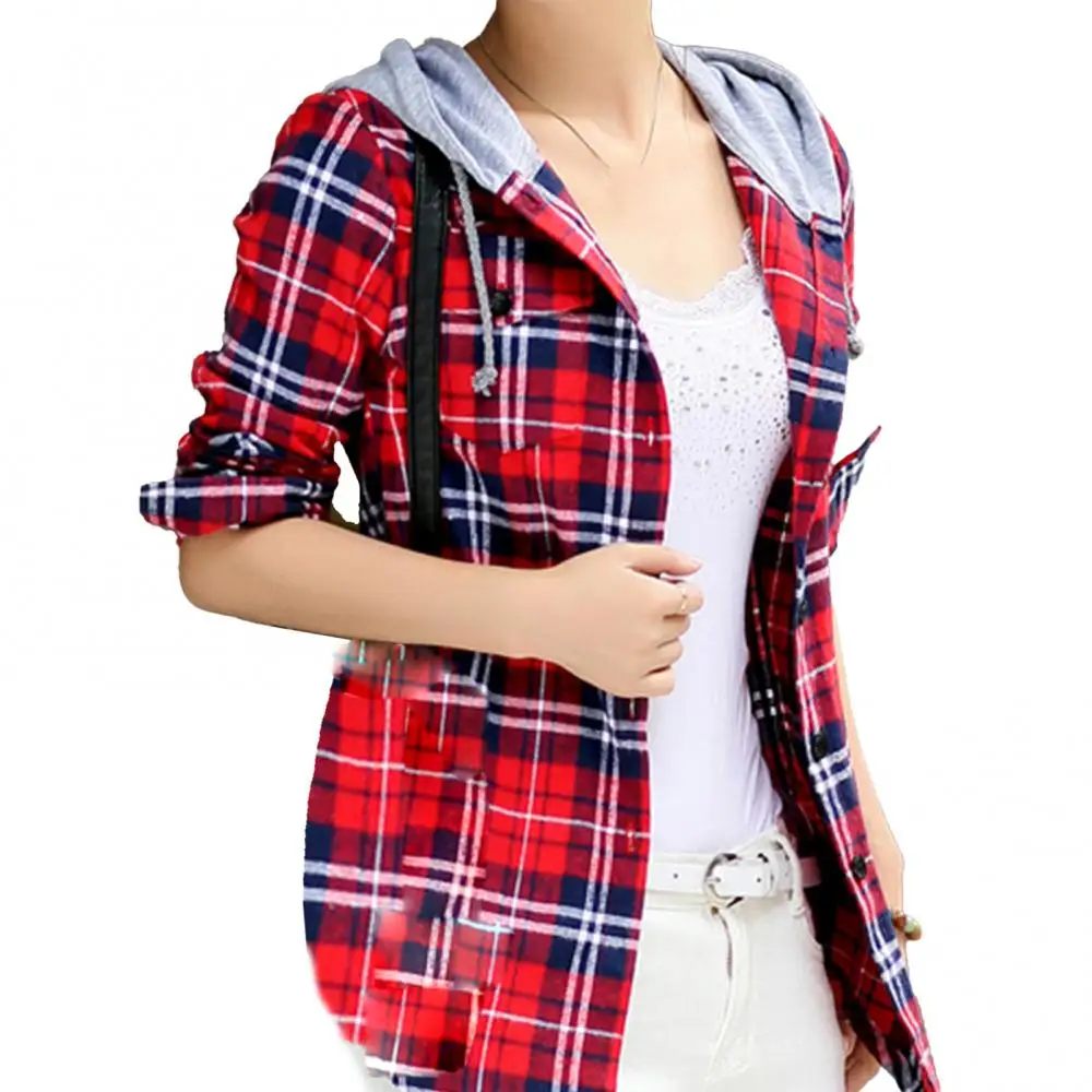 Blouse Classic Long Sleeve Women Fashion Plaid Hood Button-up Cotton Shirt Coat Classic Plaid Hood Button-up Cotton Shirt Coat