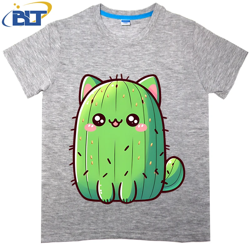 Camiseta con estampado de Cactus y gato para niños, top informal de manga corta de algodón puro, adecuado para niños y niñas, Verano