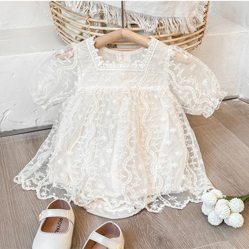 Summer Newborn Jumpsuit New Infant Baby Girls Tutu Dress Birthday Clothes Newborn Girls Toddler Short Sleeved Lace Jumper Dress