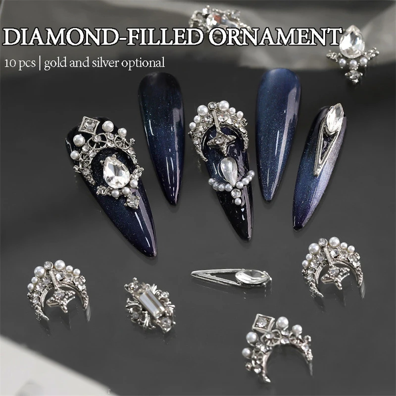 10Pcs 3D Zircon Alloy Nail Art Decorations Baroque Court Style Diamond Pearl Star Moon Manicure Decorations DIY Nail Accessories