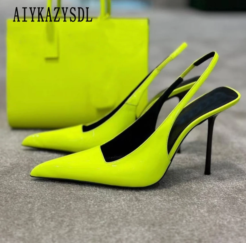 

AIYKAZYSDL/женские неоново-зеленые туфли-лодочки, сандалии с открытой пяткой, туфли на высоком тонком каблуке с открытым носком, фетиш-обувь для выпускного вечера, уличная одежда, большие размеры 41 42