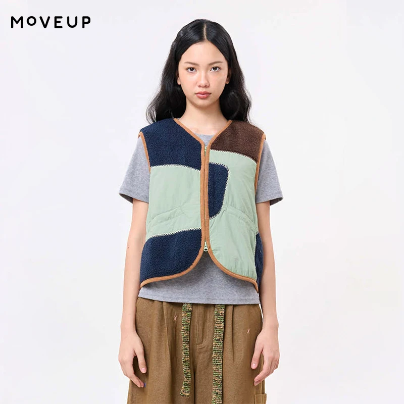 MOVEUP Women's Vest V Neck Color Block Binding Trim Cropped Sleeveless Jacket FUN Series 2026 Winter New Daily Clothes 3ELD21002