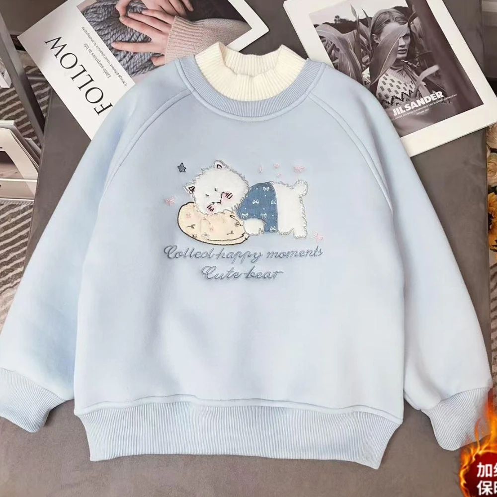 

Утепленные флисовые зимние толстовки, милые студенческие толстовки с капюшоном для девочек, пуловер с шикарной вышивкой, милые топы Kawaii с рисунком медведя, Япония