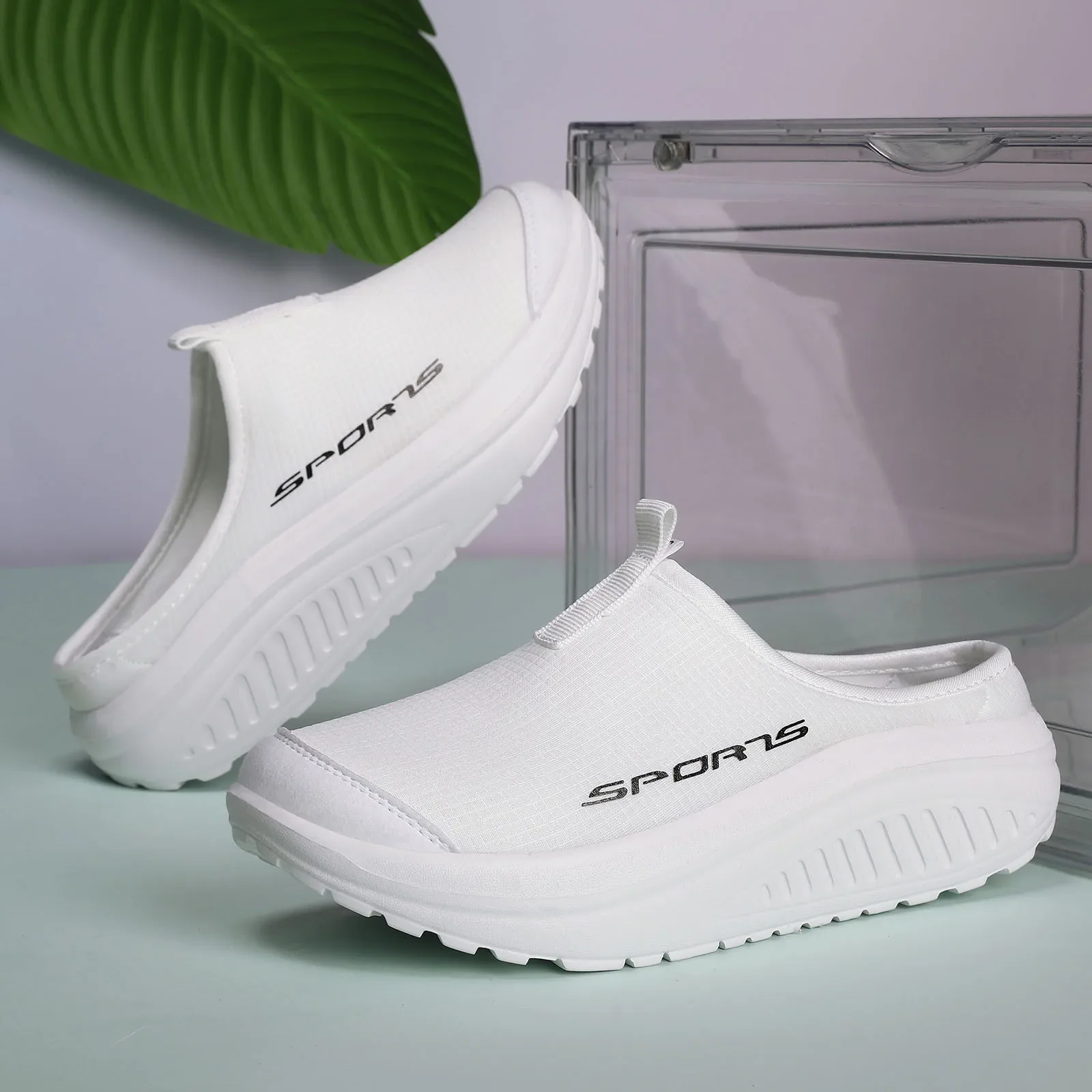 أحذية نسائية ذات نعل سميك بسيطة ومريحة، مع أحذية مشي خفيفة الوزن ومريحة تتزلق إلى شبه شباشب