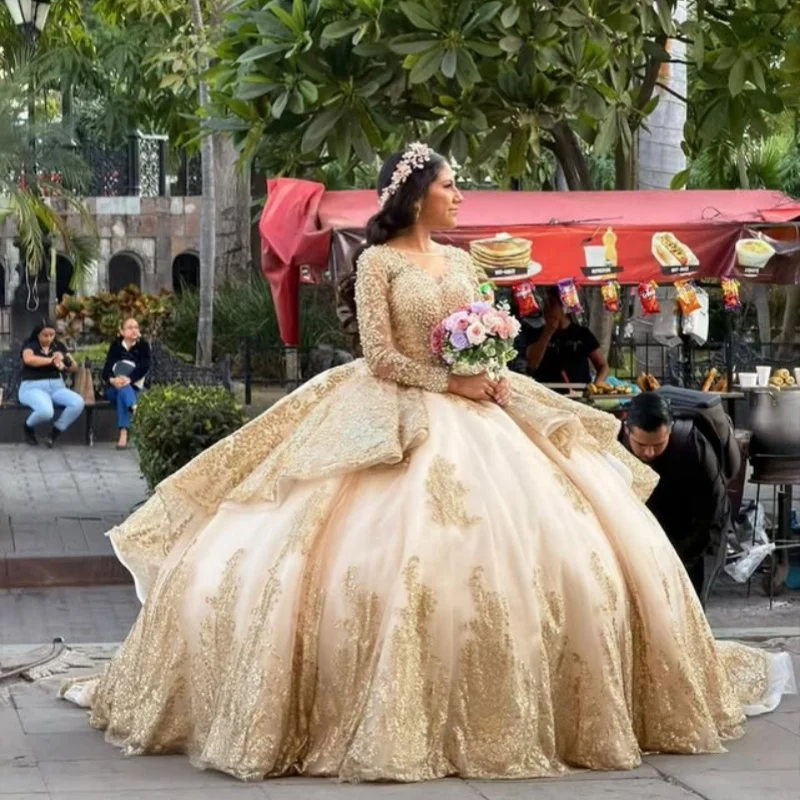 

Champagne Gold Dresses long sleeves Crystal Golden Glitter Pearl Decal Layering Long tail Vestido De 15 Quinceanera Customize