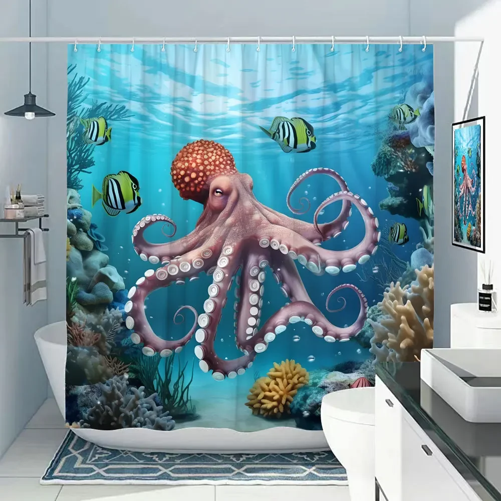 Octopus Shower Curtain Ocean Sea Green Cool Animals Nautical Wildlife Tentacle Heat Tropics Underwater World Polyester Bath Deco