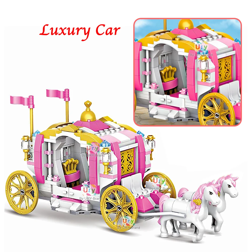 Meninas amigos luxo princesa real cavalo rosa transporte blocos de construção conjunto diy montagem brinquedos para crianças presentes aniversário criativo