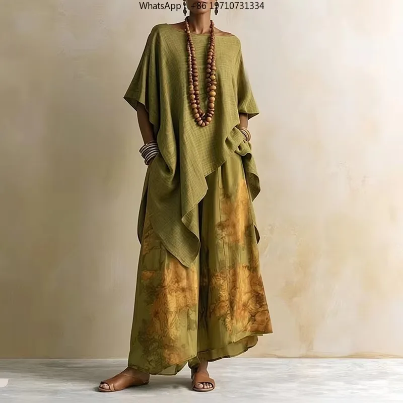 Women 2 Piece Set Loose O Neck Batwing Sleeve Longline Top Printed Wide Leg Pants Matching Outfit