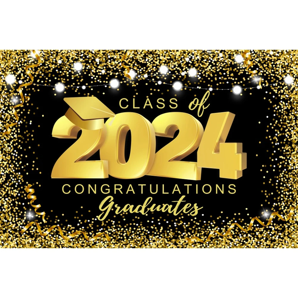 Class of 2024 Graduation Backdrop Black and Gold Glitter Balloons Custom Photography Background Congrats Grad Party Banner Decor