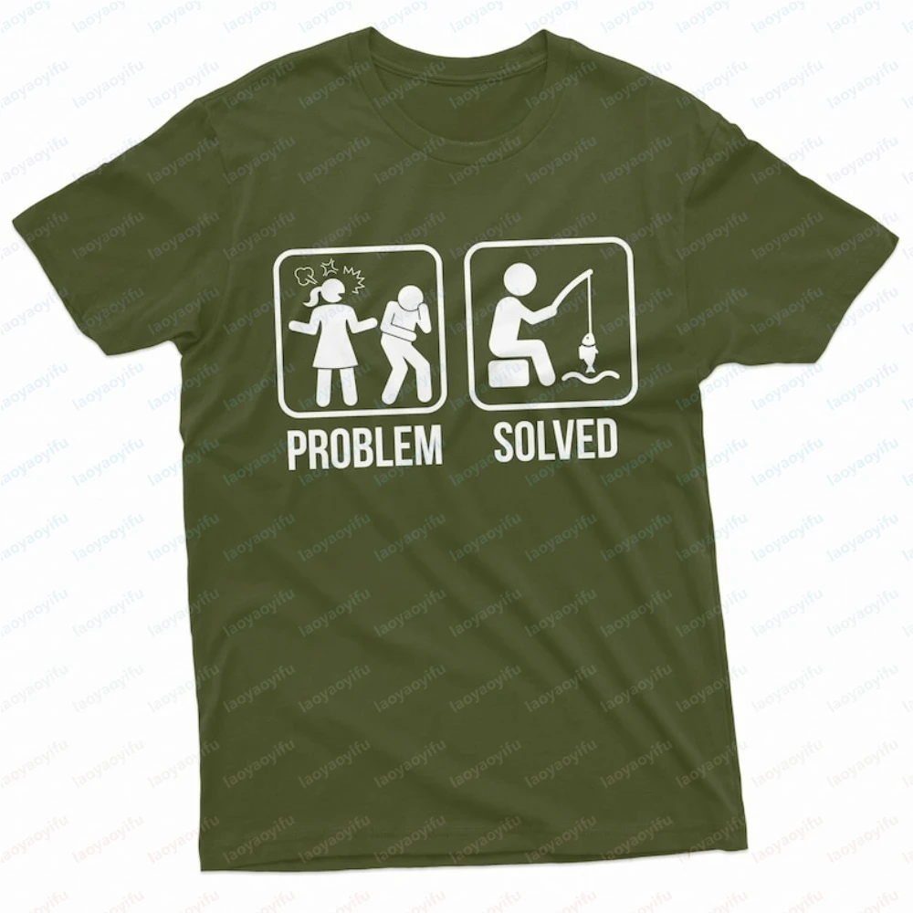 Mens Funny Problem Solved Fishing Fisherman T-shirt Cotton Short Sleeve Casual Fashion Man Streetwear Loose Soft Women Tees