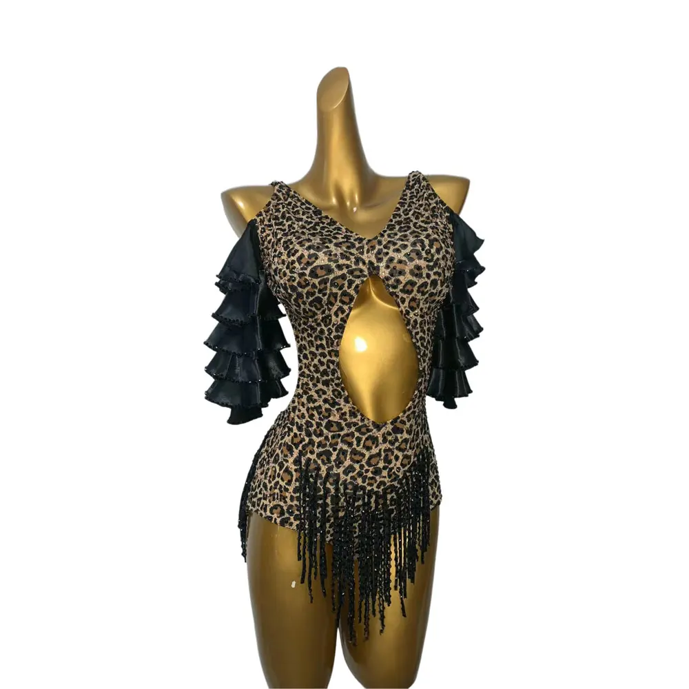 Latin Dance Costume Rhinestone Women's Clothing High-end Custom Leopard Print Waist Flower Dress Tango Samba Performance Dress