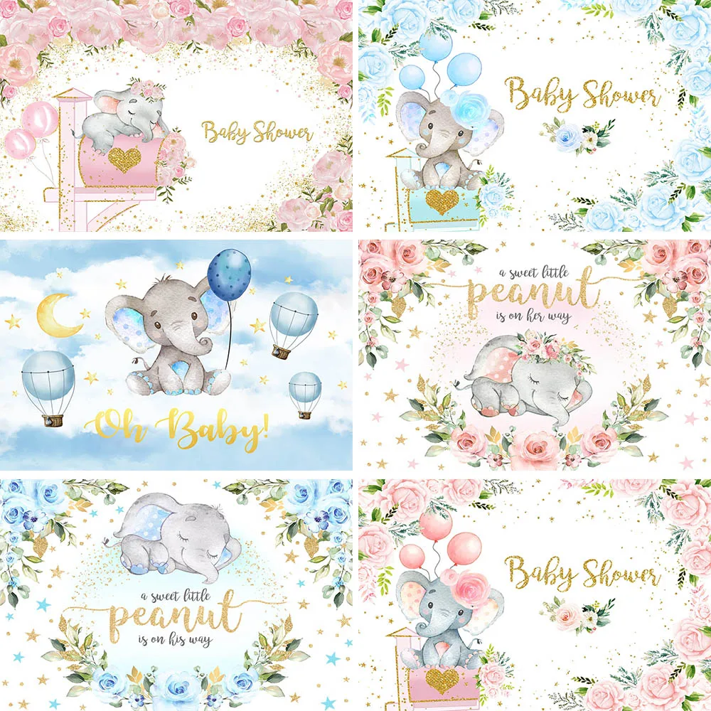 

Mocsicka Blue Pink Elephant Baby Shower Backdrops Newborn Baptism Photo Background Decoration Custom Birthday Photography Banner