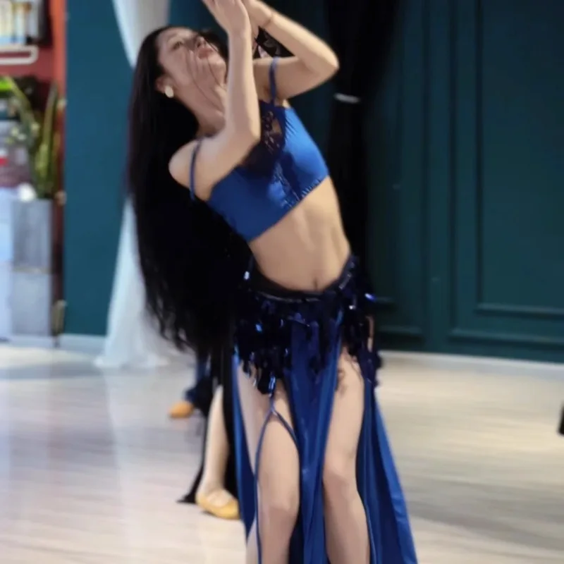 カスタマイズされたベリーダンス衣装新しいセットパフォーマンスドレスクラスドレスセクシーな気質練習服ブルーレース初心者