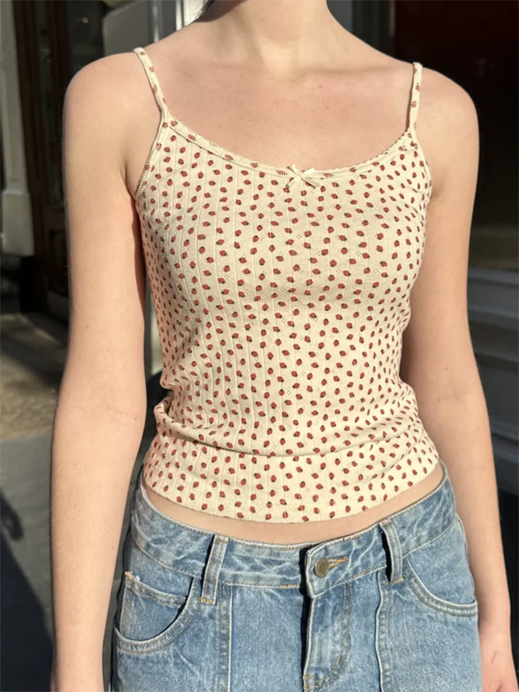 

Sweet Eyelet Strawberry Slim Crop Top for Woman Bow Sleeveless Strap Cute Cropped Vest Summer Casual Cotton Tank Tops Clothing