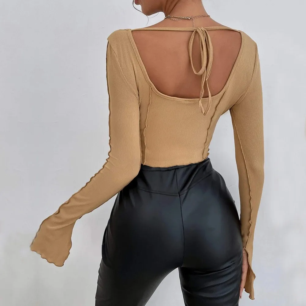 Women's Long Sleeve T-shirt Blouse Square Neck Slim Fit Short Length Solid Color Knit Top Elegant Seam Stitching Ribbed Knit