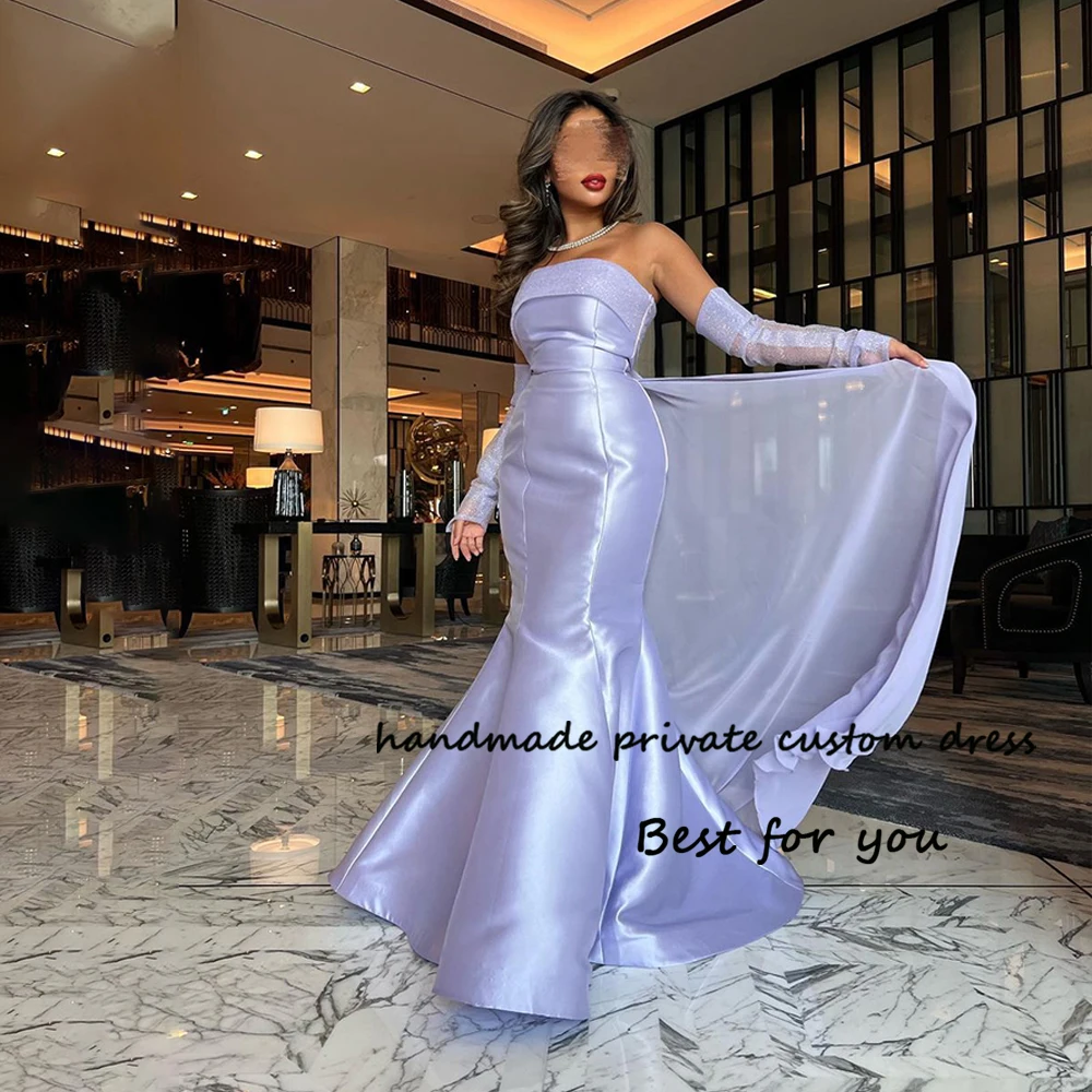 

Lavender Satin Mermaid Prom Party Dresses with Sleeve Sequins Strapless Arabian Dubai Formal Evening Dress Lace Up Back