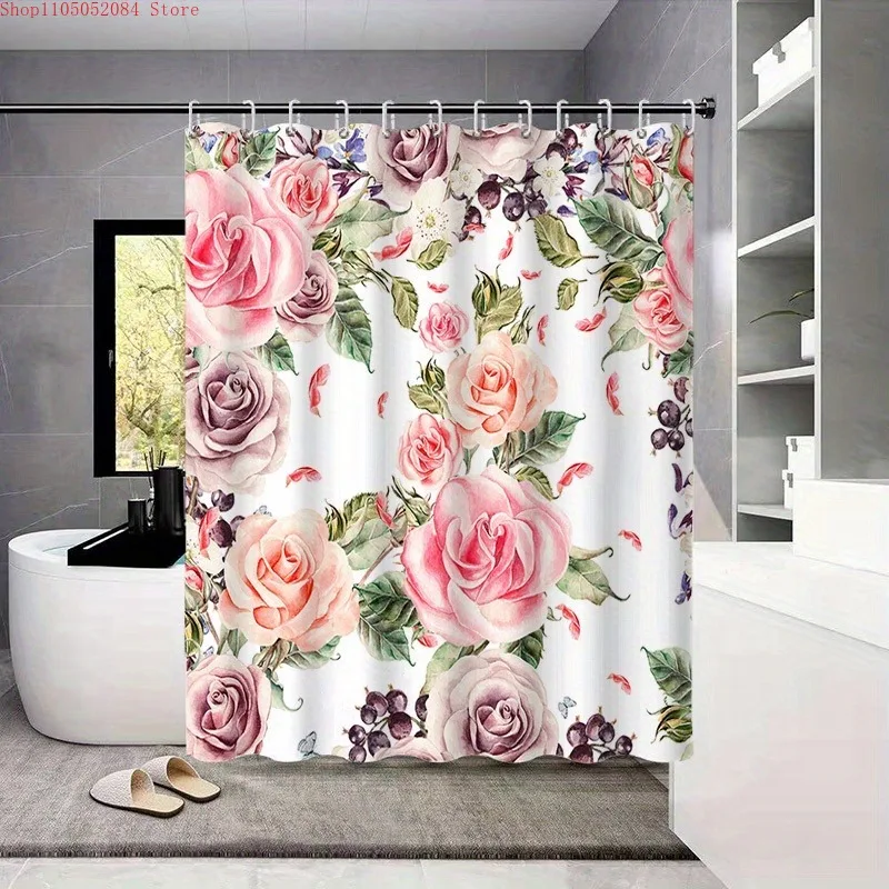1pc large group flower print curtain waterproof shower  -   With Hooks Waterproof Mildew Proof Easy Install Washable