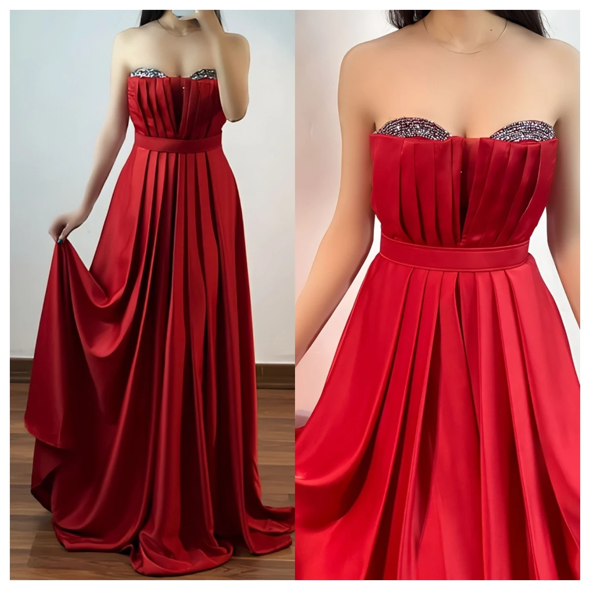 Customized Red Satin Evening Dress Strapless Sleeveless Homecoming Dress Bespoke Occasion Gowns Crystal Temperament  Fashion