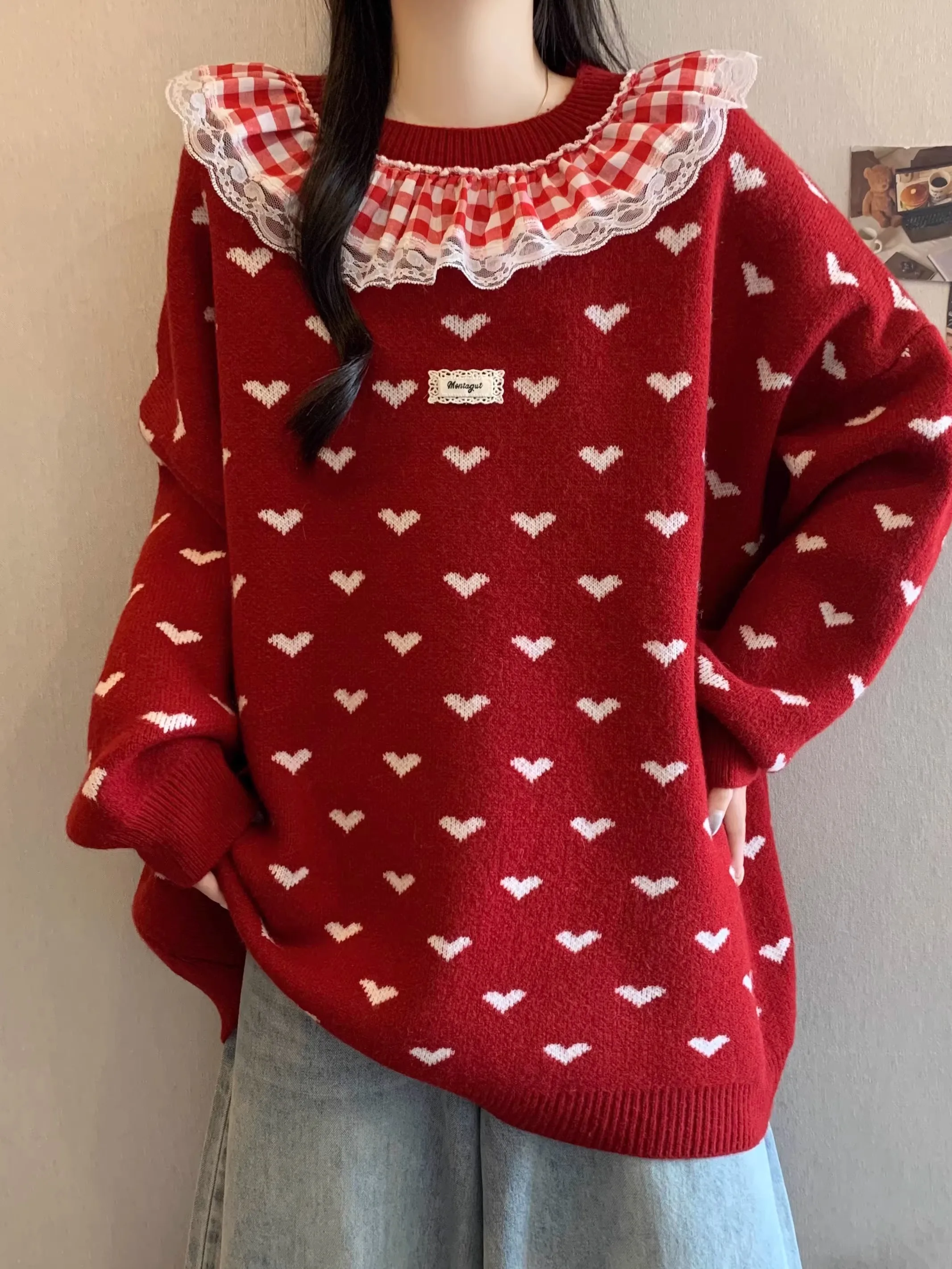 

Длинный вязаный свитер с кружевной отделкой све, женский зимний свободный свитер больших размеров средней длины, повседневный круглый топ Ne