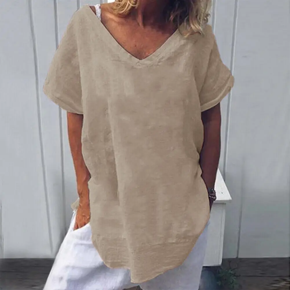 Cotton Linen Loose Women T-shirt V-Neck Batwing Short Sleeve Versatile Simple Solid Color Pullover Tunic Top Blouse Streetwear