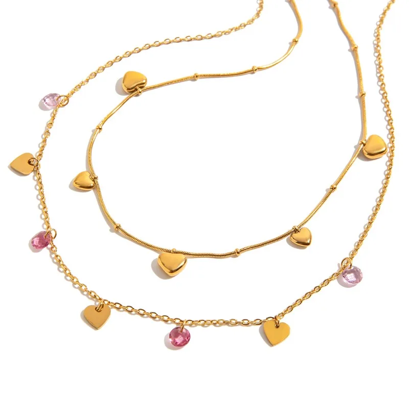 

minar 2025 hot sale round rhinestone heart pendant necklaces for women 18K Gold PVD Plated stainless Steel snake chain chokers