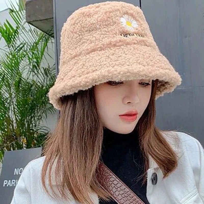 Lamb Faux Bucket Hat Winter Warm Plush Velvet Hats For Women Lady Thicken Bob Panama Outdoor Fisherman Hat Caps