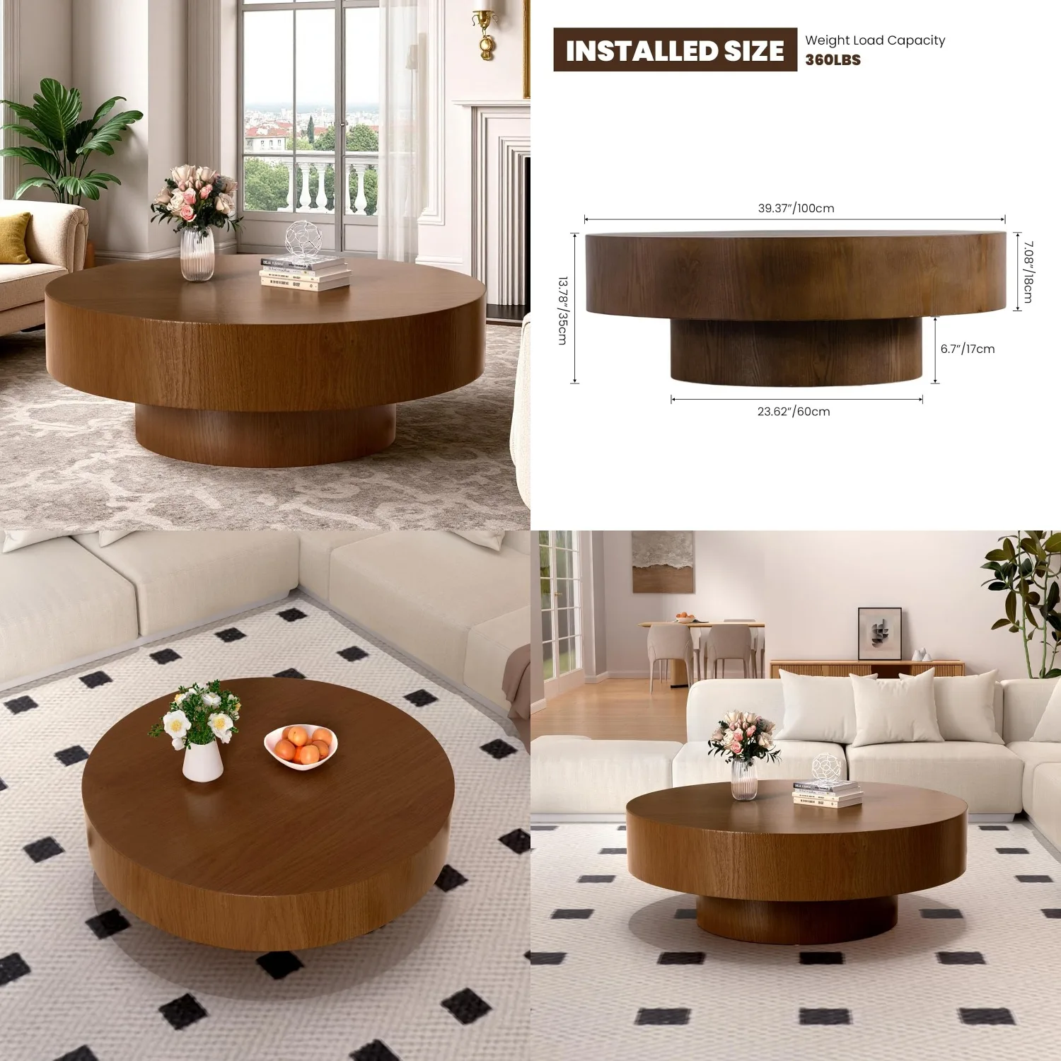 

Round Wooden Coffee Table Drum Design Vintage Minimalist Accent Living Room Office 39.37x13.78, Customized