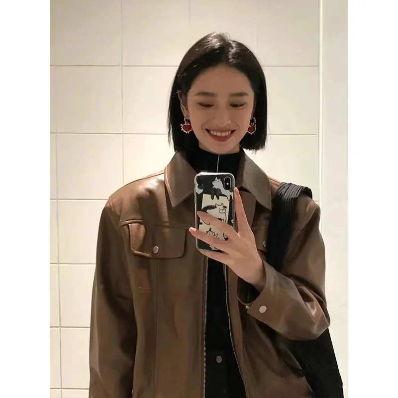 Spring Female Leisure PU Leather Jacket 2025 Women Fashion Motorcycle Leather Coat Retro Lady Long Sleeves Faux Leather Outwear