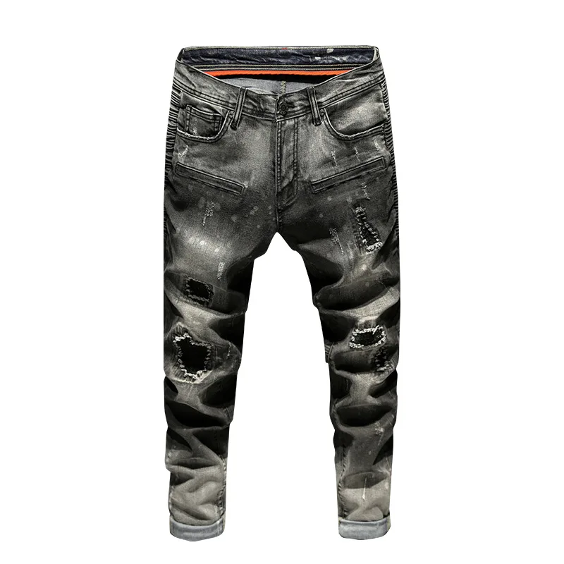 2024new motorcycle jeans men's slim stretch high-end pencil pants stitching scratch patch retro trousers