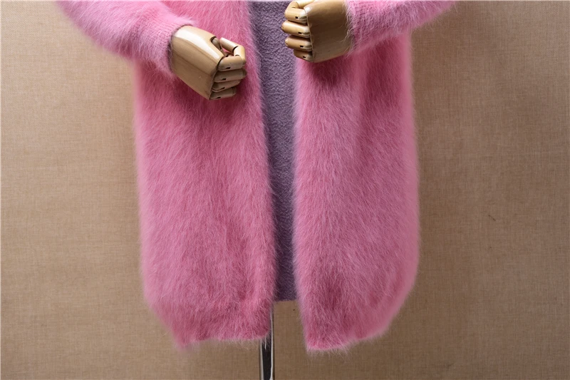 Ladies Women Spring Autumn Pink Hairy Angora Rabbit Hair Knitted Long Sleeves Loose Cardigans Mantle Mink Fur Jacket Sweater Top