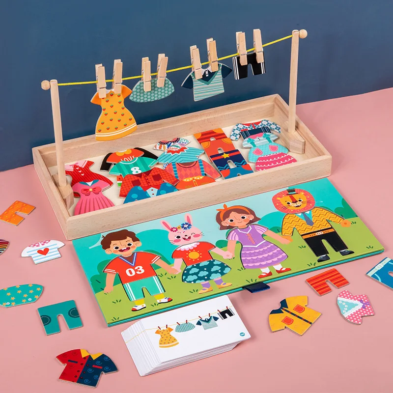 Puzzle en bois de dessin animé Montessori 2 en 1 pour enfants, vêtements de combat, changement de vêtements, marijuana, jouet Kiev illage, éducation précoce, Gi