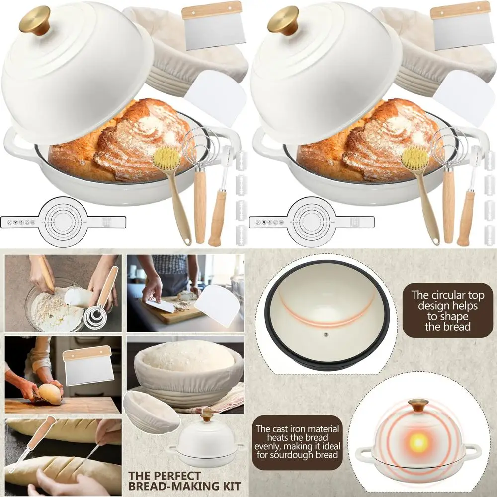 

Набор голландской печи из белого эмалированного чугуна емкостью 4 литра с крышкой и корзиной для расстойки хлеба для выпечки и запекания на закваске