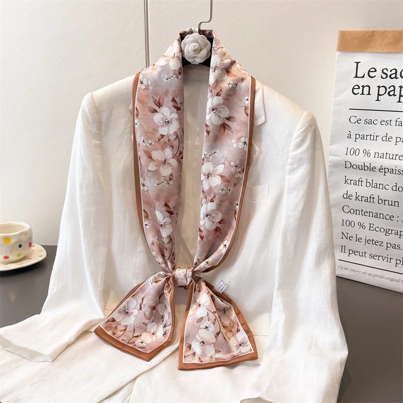 New floral double-layer scarf ribbon tie packaging decorative neckerchief small long hairband silk scarf women's printed narrow