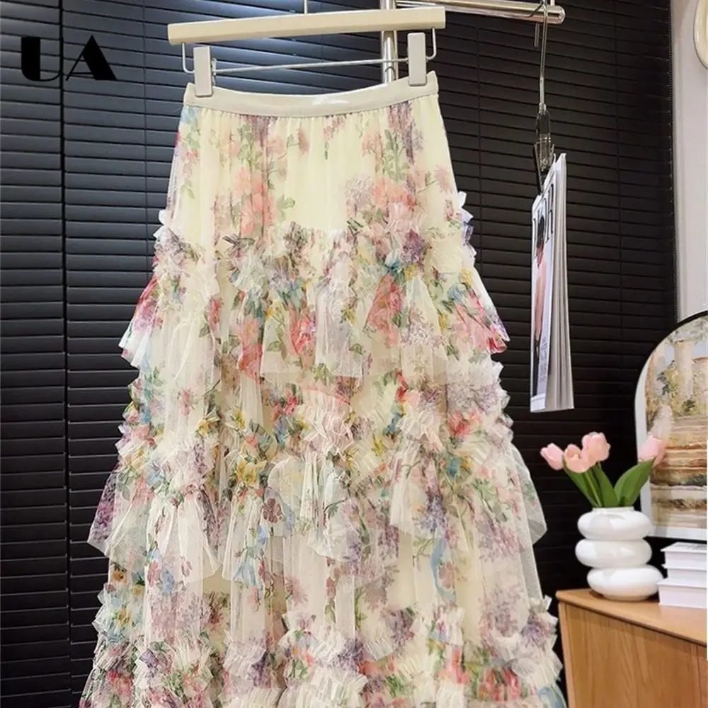 Gonna a rete stampata con giunture Gonne a sbuffo alla moda da donna, gonna floreale alla moda lunga a linea libera per un abbigliamento quotidiano casual