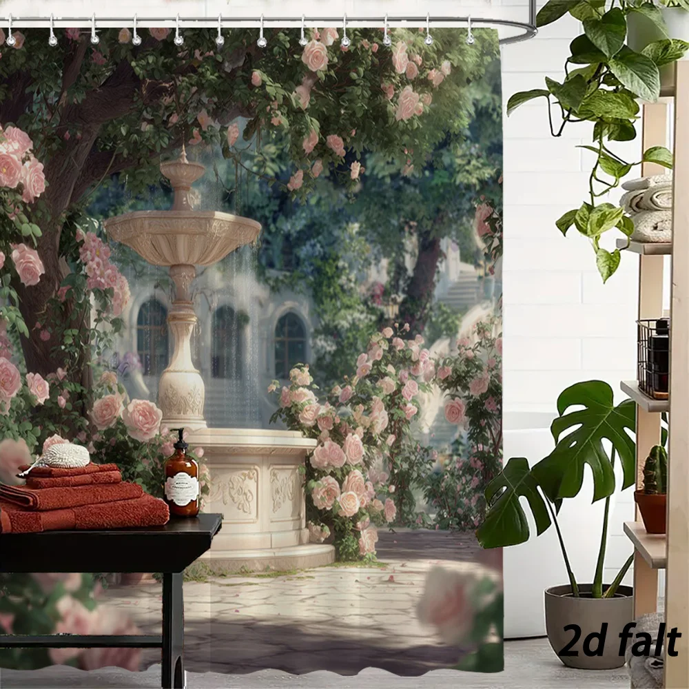 Beautiful Fairy‑tale Palace Backyard Garden With Stone Fountain And Abundant Pink Rose Blossoms Illustration Bath curtain