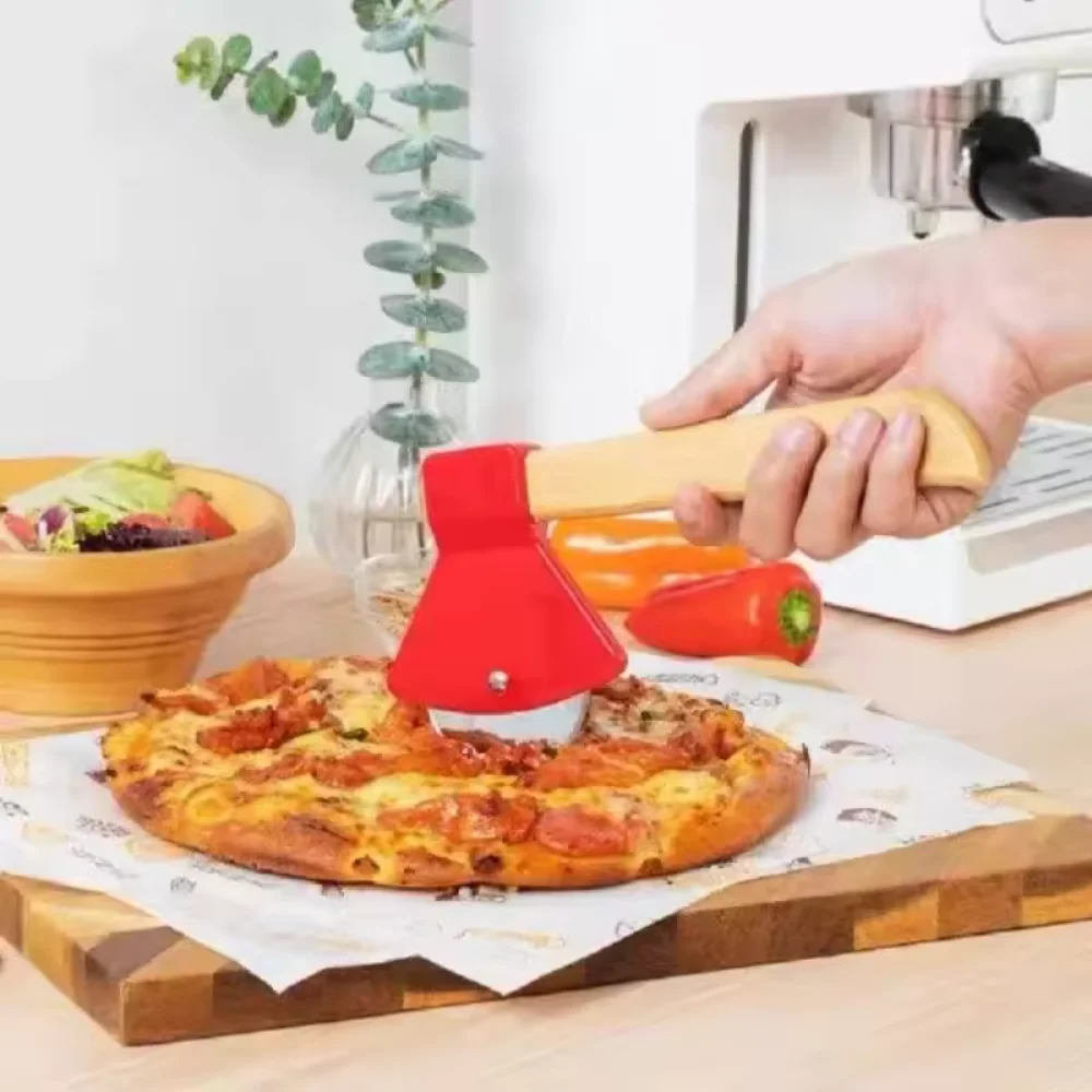 Axe Shape Stainless Steel Pizza Cutter Wooden Handle Pizza Wheel Slicer Multifunctional Kitchen Tool for Pizza Waffle Cutting